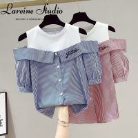 (XXS-3XL) LAREINE เสื้อเปลือยไหล่สำหรับผู้หญิงเสื้อสองชิ้นปลอมเสื้อแขนสั้นลำลองเปิดไหล่เสื้อกั๊กลายทาง