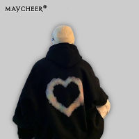 MAYCHEER เสื้อสเวตเตอร์แฟชั่นมีฮู้ดผ้าฟลีซเสื้อกันหนาวแบบหลวมเสื้อสเวตเตอร์ลำลองคู่ให้ความอบอุ่นแบบเกาหลี