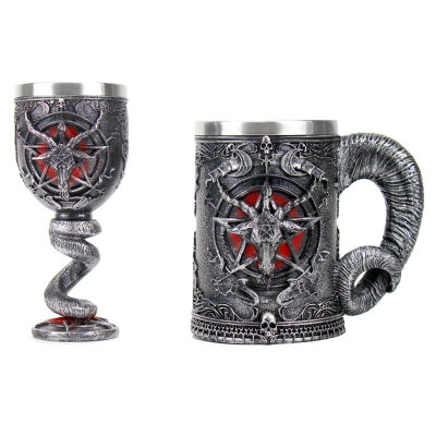 New Design Baphomet Pentagram Horn Goblet Wine Glass 200ml 600ml Gothic Tankard Stainless Steel Beer Cup Halloween Gift