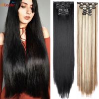 75Cm 30 Inch Full Head Long Straight Clip In Hair Extensions Natural Black Thick 6Pcs/Set High Temperature Fiber Hairpiece Wig  Hair Extensions  Pads