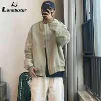 Lansboter แจ็คเก็ตใหม่สีทึบปกเบสบอลแขนยาวเสื้อคลุมใส่ได้ทุกเพศแฟชั่นของผู้ชายอารมณ์