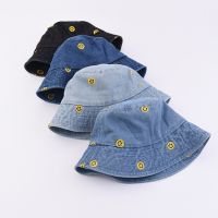 2023 New Washed Denim Fisherman Hat Womens Four Seasons Fashion Versatile Sunshade Hat Smiling Face Embroidery Male