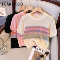 PEAR DODO เสื้อยืดถักสั้นสำหรับผู้หญิงคอแถบรอบคอสไตล์สั้นแขนเกาหลี