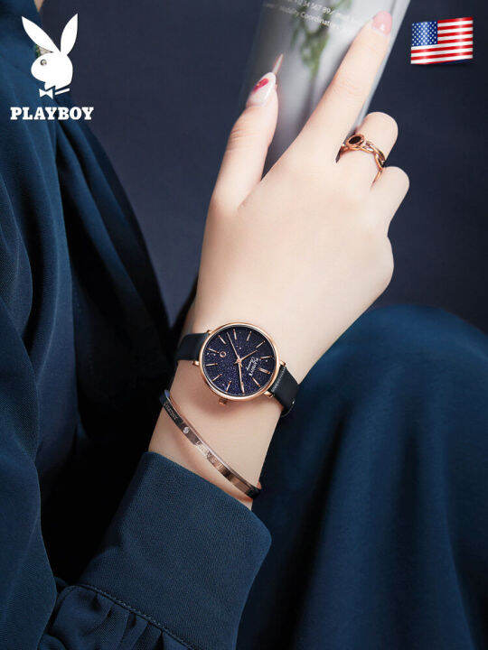 playboy-เซ็ตนาฬิกาสำหรับผู้หญิงซื้อ1แถม2ฟรีสร้อยคอกำไล2023ขายร้อน-classic-star-กันน้ำวันที่แสดง-milanese-สายรัดเหล็ก-หนัง