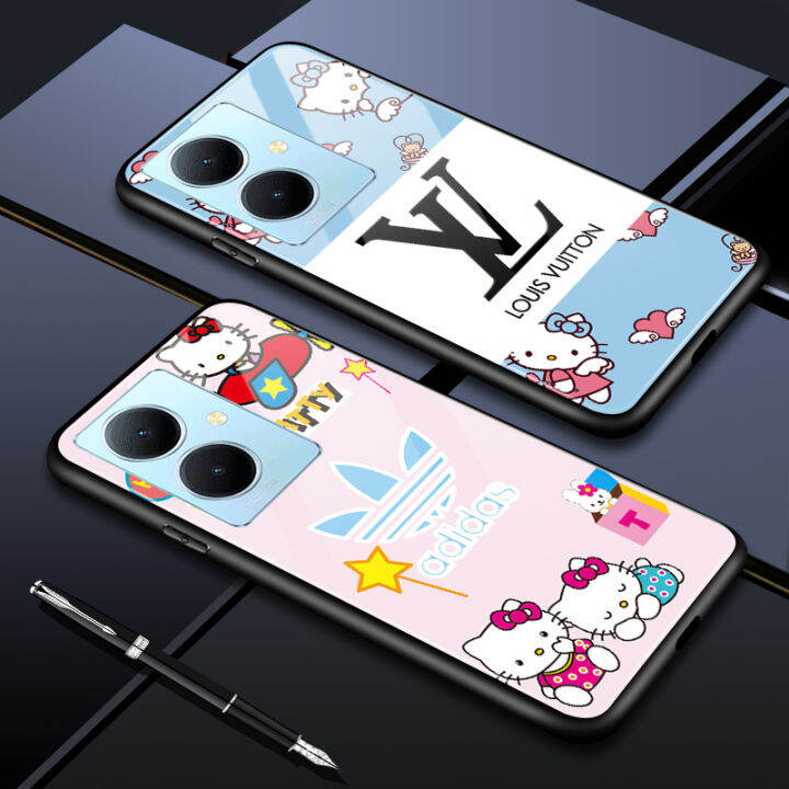 ggk-เคสมือถือการ์ตูนแมวคิตตี้สำหรับ-vivo-y78-5g-y78-5g-สำหรับเด็กผู้หญิงกระจกนิรภัยมันวาวเคสโทรศัพท์หลัง