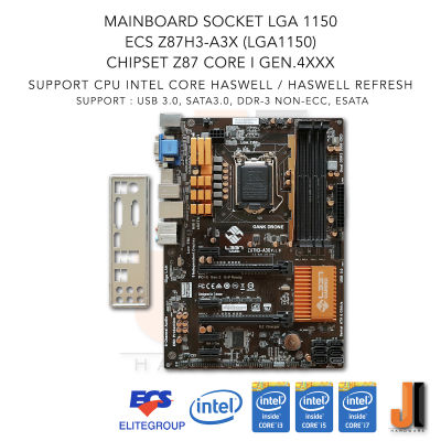 Mainboard ECS Z87H3-A3X (LGA1155) Support Intel Core i Gen.4XXX and Gen.4 Refresh (สินค้ามือสองสภาพดีมีฝาหลัง)