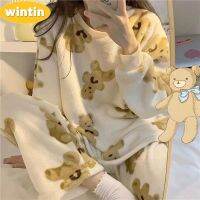 Wintin Flannel Pajamas Womens Autumn and Winter Two-Piece Set Korean Style Sweet Cute Coral Fleece Thickened Thermal Outerwear Homewear