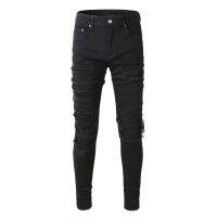 สำหรับบุรุษแบบใหม่ # A569 Tampal Ctertekan ฉีกแผ่นปิดซี่โครงกลวงบางผ้ายืด Dibasuh Jeans Saiz Seluar Hitam 28-40