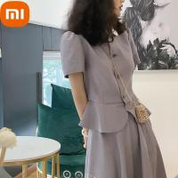 Xiaomi ผู้หญิงฤดูร้อนแฟชั่นเกาหลีเสื้อชุดวินเทจแขนสั้นเสื้อเอวสูง Midi กระโปรง2ชิ้นชุดสาวออฟฟิศ