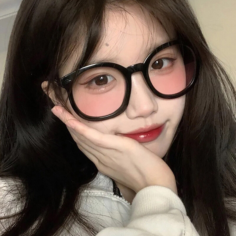 Kecerunan Blush Cermin Wanita Myopia Kaca Korea Versi Hitam Bergaya Bingkai Plain Solek Artifak Bingkai Mata Pusingan Muka Ptq