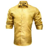 Hi-Tie Luxury Silk Mens Shirts Long Sleeve Slim Shirt Gold Floral Paisley Jaquard Woven Male Washed Casual Party Wedding Gift