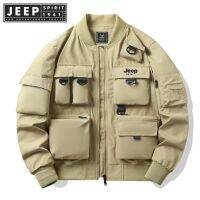 JEEP SPIRIT 1941 ESTD เสื้อแจ็กเก็ตนักบินอเมริกาแบบย้อนยุคของผู้ชายชุดเบสบอลแจ็คเก็ตสวมใส่ทำงานมีกระเป๋าหลายใบเสื้อแจ็คเก็ตอเนกประสงค์เสื้อชาร์จผ้าห่มกันลม