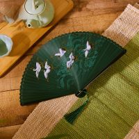 hot【DT】 18cm Chinese style retro bamboo crane dark green big red bronzing folding fan portable cheongsam dance