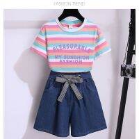 Girls suits summer wear the new 2023 children with western style stripes short sleeve shorts female child two-piece bow