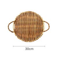 Hand-Woven Rattan Tray Bread Fruit Rattan Storage Tray Round Storage Baskets with Handle Wicker Basket Food Breakfast Display