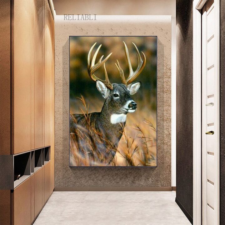 deer-wall-art-canvas-print-โปสเตอร์สัตว์สำหรับตกแต่งห้องนั่งเล่น-ภาพวาดที่สวยงามของกวางตระหง่านในป่า