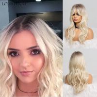 LOUIS FERRE Long Synthetic Wavy Wigs with Bangs Ombre Brown Honey Heat Resistant Fiber Hair For Black/White Women Cosplay/Party Gift ของขวัญ