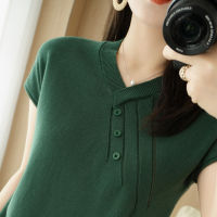 100 cotton sweater short-sleeved womens V-neck T-shirt womens spring and summer pullover half-sleeve loose cotton knitted bot