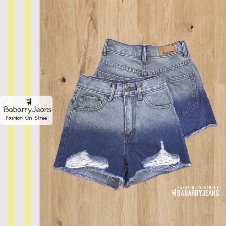 พร้อมส่ง-babarryjeans-ยีนส์ขาสั้น-กางเกงยีนส์-เอวสูง-ยีนส์แต่งขาด-ผ้ายีนส์ไม่ยืด-ปลายขารุ่ย-สียีนส์ทูโทน