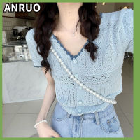 ANRUO เสื้อยืดผู้ชายแขนสั้นคอกลมถักแขนสั้นผู้หญิง,เสื้อคาร์ดิแกนเนื้อบางสั้นเสื้อคอวีสั้นสไตล์ตะวันตกลดอายุฤดูร้อน