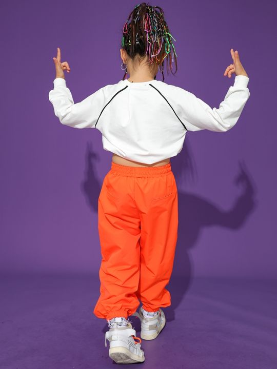 2023-kids-jazz-dance-costume-girls-crop-tops-orange-cargo-pants-hip-hop-clothes-modern-dance-performance-suit-kpop-outfit-bl9901