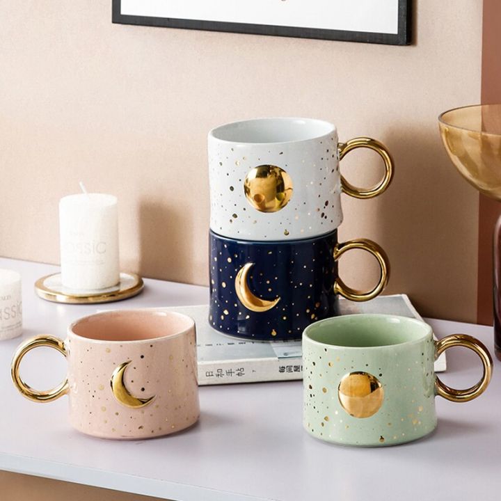 Nordic Unique Design Printed Ceramic Coffee Mug Cup with gold spoon │  Aesthetic Decorative Kitchenware