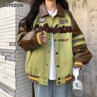 SUPEEON丨แจ็กเก็ตหนังปะติดดีไซน์แบบ Jaket Baseball คู่อเมริกันไฮสตรีท