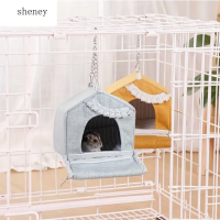 SHENEY คอนกรงรังนกแบบนุ่มพับได้สำหรับบ้านกรงเลี้ยงนก/หนูรูปบ้านสีเหลือง/สีฟ้ารังนกการห้อยแฮมสเตอร์