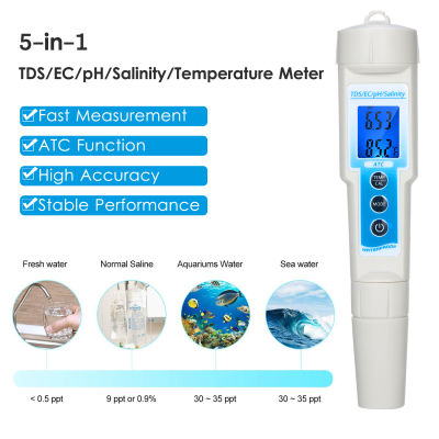 5-in-1 pH Meter Waterproof Multifunctional TDS/EC/pH/Salinity/Temperature Meter Water Quality Tester Blue Backlight LCD Display with ATC Function