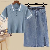 Plus size womens summer suit 2023 new style covering the flesh and slimming Polo collar short-sleeved denim skirt two-piece set