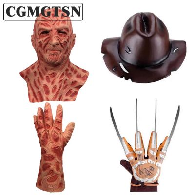 CGMGTSN Horror Halloween Freddy Mask Krueger Killer Cosplay Gloves Hat Scary Costumes Men Full Head Latex Mask Masquerade Party