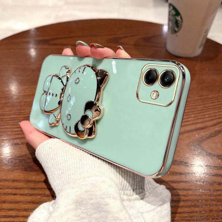 folding-makeup-mirror-phone-case-for-samsung-galaxy-a03-a04-a04e-case-fashion-cartoon-cute-cat-multifunctional-bracket-plating-tpu-soft-cover-casing