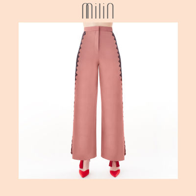 [MILIN] High waisted Side lace detail Textured polyester Wide leg pants กางเกงขายาวแต่งผ้าลูกไม้ สีชมพู สีเขียว Cai Yuan Pants