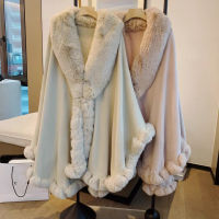 Elegant V Lapel Faux Rex Rabbit Fur Coat Cape Winter Women Big Long Shawl Full Trim Fur Knit Cloak Overcoat Parka 2021 New