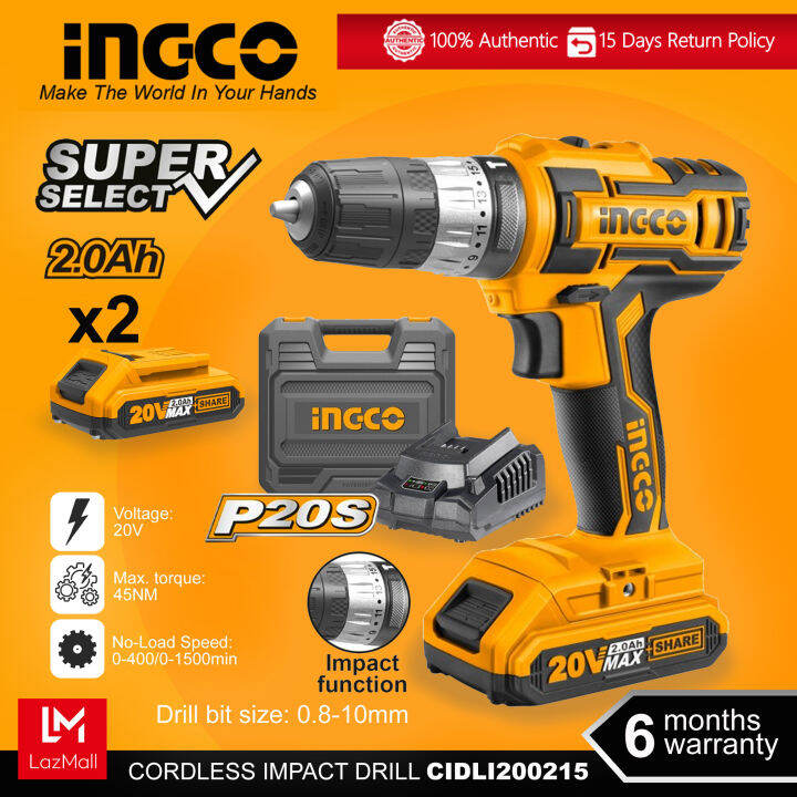 Ingco CIDLI200215 20V Lithium-Ion Cordless Impact Drill P20S POWERSHARE ...