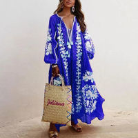 Women Elegant Floral Print Loose Dress Autumn Tassel Long Party Vintage Dress Casual V Neck Long Lantern Sleeve Ladies Dresses