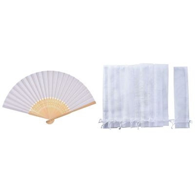 30 PCS Folding Paper Hand Fan Custom Halloween Ladies (White) &amp; 100 Pack Folding Hand Fan Pouch Drawstring Organza Bags