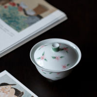 Jingdezhen มือวาดดอกพีช Gaiwan เซรามิกมินิชาหม้ออบที่สวยหรูแฮนด์เมดชามชาสไตล์ธรรมชาติที่มีคุณภาพสูง