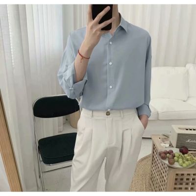 5 Colors【M-XXL】Korean mens casual shirts Solid color shirt Drape student shirt Fashion trend mens shirts