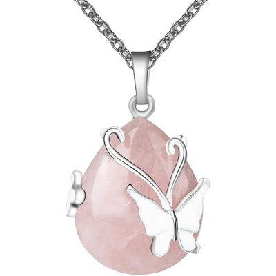 Vintage Wire Wrap Butterfly Gemstone Rose Quartz Amethyst Opalite Healing Crystal Pendant Necklace