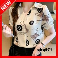 qkq971 Womens Letter Printed Short Sleeve Shirt R Female Loose V-neck Blouse Summer Korean Fashion Casual Clothes