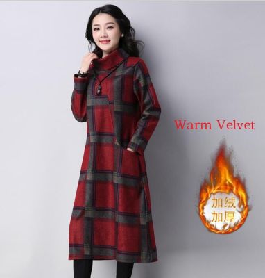 Winter Women Long Dress Vintage Turtleneck Long Sleeve Velvet Plaid Dress  New Plus Size Loose Woolen A-Line Dress CJH001