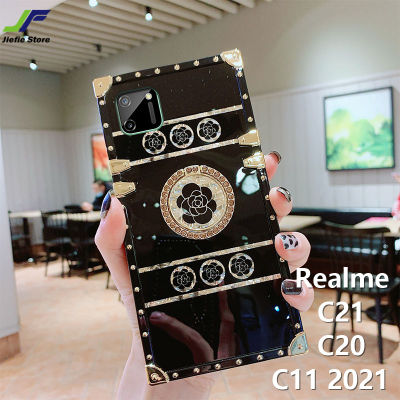 JieFie สำหรับ Realme C21 Realme C20 Realme C11 2021ดอกไม้หรูหราเคสโทรศัพท์แฟชั่น Bling เงา Soft TPU กันกระแทกฝาครอบโทรศัพท์ + ขาตั้งแหวน
