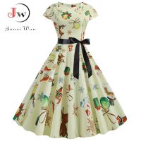 {Noble woman}ฤดูร้อนผู้หญิงแขนสั้นพิมพ์ Vintage Christmas Robe Femme สุภาพสตรี Casual Elegant Pin Up Xmas Party ชุด Jurk