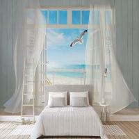 ๑ Decorative wallpaper 3D sea view background wall painting outside the window