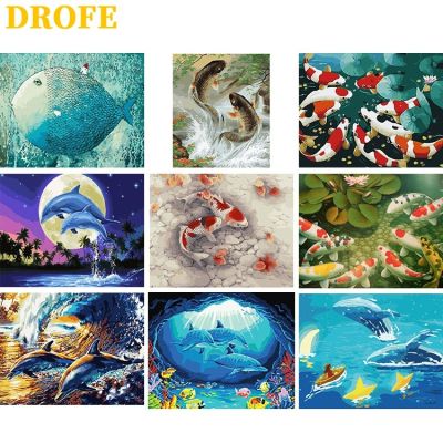 ♀✔ DROFE 【ขนาด : 50X40 ซม】พร้อมส่ง ภาพระบายสีตามตัวเลข ลายปลา ภาพวาดดิจิทัล พร้อมขึง ตกแต่งบ้าน ของขวัญ DIY
