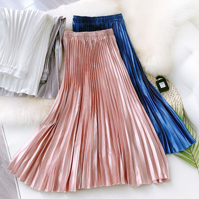 Casual Satin Summer Pleated Skirts Women Ladies Elegant Solid Silk Midi Skirt