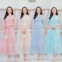 DressyHappy ชุดเดรสยาว ใส่ออกงาน ผ้าลูกไม้ไฮโซผ้าลูกไม้ทรงแขน6ส่วน ผ้ามุ้งญี่ปุ่นเนื้อดีปักช่อดอกไม้ พร้อมมีสายโบว์ผูกเอว มีไซส์ M-4XL