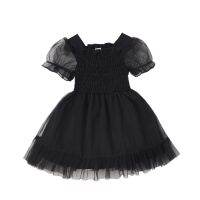 Infant Baby Girls Princess Elastic Mesh Dress, Short Puff Sleeve Solid Black Color Frill Trim Smocked Dress 0-3T  by Hs2023