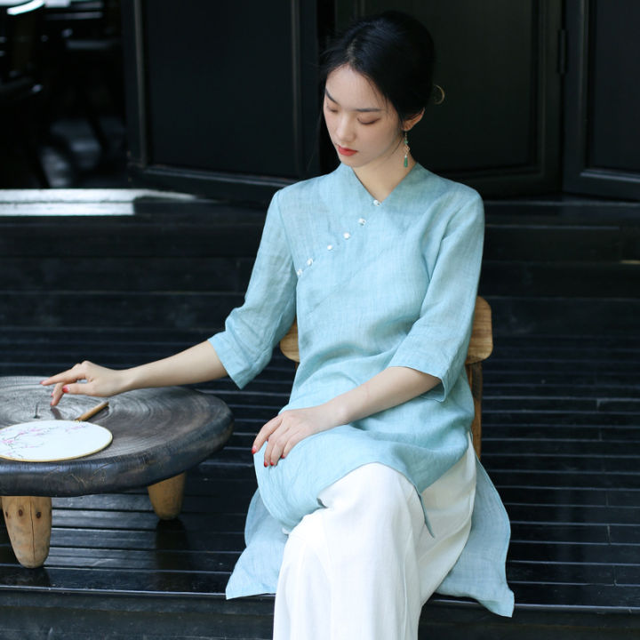 เสื้อชุดกี่เพ้าลินินผ้าไหมและสไตล์จีนสำหรับผู้หญิงเสื้อผ้าสไตล์หนุ่มสาวจีนเซนกลางยาว22083